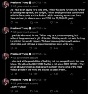Trump's parting message on Twitter promised retribution and a new 'Trump-first' social media brand, neither of which are as yet forthcoming (Source: Twitter)