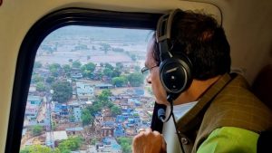 Madhya Pradesh Chief Minister Shivraj Singh Chouhan conducts aerial survey of flood-affected areas of the state, in Datia district. (Photo credit: PTI)